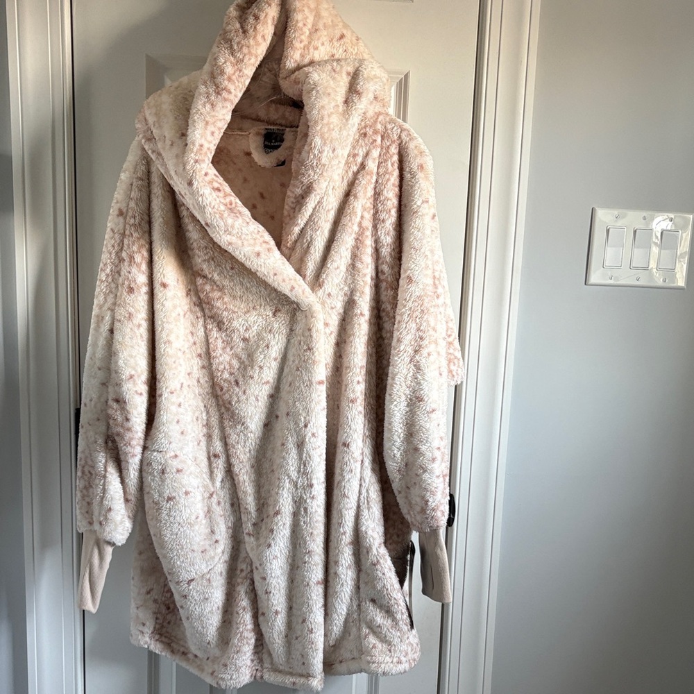 NWT Ivory Cream Leopard Jill Martin Hooded Fleece Sweater Coat XS/S